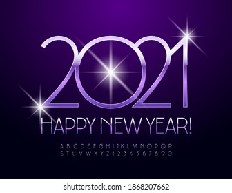 Vector stylish greeting card Happy New Year 2021! Violet elegant Font. Chic reflective Alphabet Letters and Numbers set
