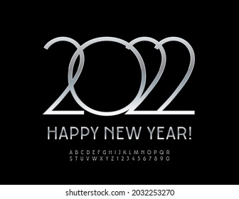Vector stylish Greeting Card Happy New Year 2022! Elegant Silver Font. Slim chrome Alphabet Letters and Numbers set