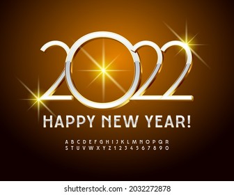 Vector stylish Greeting Card Happy New Year 2022! Elegant White and Gold Alphabet Letters and Numbers set. Slim 3D Font