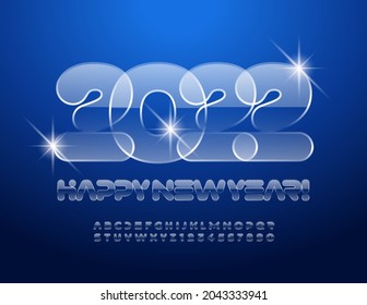 Vector stylish Greeting Card Happy New Year 2022! Trendy Glossy Font. Artistic Alphabet Letters and Numbers set