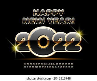 Vector stylish Greeting Card Happy New Year 2022! Black and Gold shiny Alphabet Letters and Numbers set. Elite modern Font