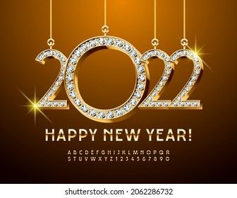 Vector stylish Greeting Card Happy New Year 2022! Chic Modern Font.  Golden Alphabet Letters and Numbers