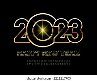 Vector stylish Greeting Card Happy New Year 2023! Elite modern Font. Luxury Alphabet Letters and Numbers set