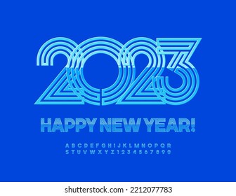 Vector stylish Greeting Card Happy New Year 2023! Bright Blue Font. Trendy Alphabet Letters and Numbers set