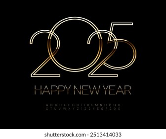 Vector stylish Greeting Card Happy New Year 2025! Unique Trendy Font. Slim Gold Alphabet Letters and Numbers set
