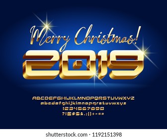 Vektor stylische Grußkarte Frohe Weihnachten 2019 mit 3D Luxus Schriftart. Ghic Golden Alphabet