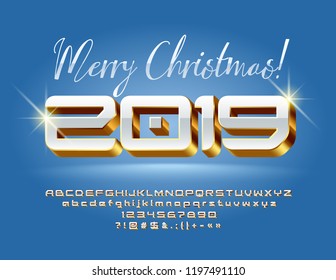 Vector elegante tarjeta de felicitación Feliz Navidad 2019. Fuente 3D chic. Alfabeto blanco y dorado.