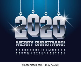 Vector stylish greeting card Merry Christmas 2020 with decorative toys. 3D Uppercase Font. Metallic Alphabet Letters and Numbers