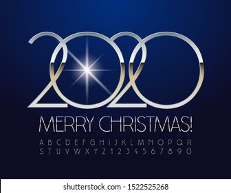 Vector stylish Greeting Card Merry Christmas 2020 . Luxury thin Alphabet set of Letters and Numbers. Elegant Silver Font.
