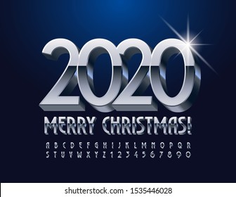 Vector stylish Greeting Card Merry Christmas 2020! Silver 3d Font. Metallic Alphabet Letters and Numbers.