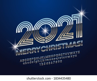 Vector elegante tarjeta de saludo Feliz Navidad 2021! Fuente moderna metálica. Juego de letras y números de alfabeto brillante plateado