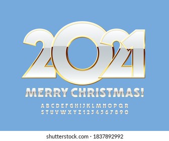 Vector stylish greeting card Merry Christmas 2021! White and Gold chic Font. Luxury shiny Alphabet Letters and Numbers set