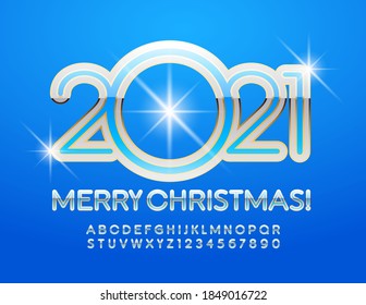 Vector stylish greeting card Merry Christmas 2021! SHiny elegant Font. Chic glossy Alphabet Letters and Numbers set