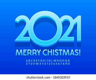 Vector stylish Greeting Card Merry Christmas 2021! Blue 3D Font. Artistic Alphabet Letters and Numbers set