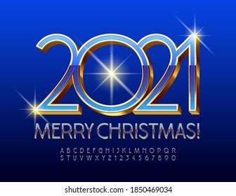 Vector stylish greeting card Merry Christmas 2021! Elite 3D Font. Blue and Gold shiny Alphabet Letters and Numbers set