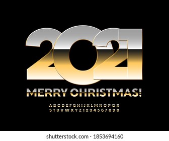 Vector stylish greeting card Merry Christmas 2021! Gold glossy Font. Modern luxury Alphabet Letters and Numbers set