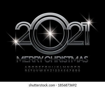 Vector elegante tarjeta de saludo Feliz Navidad 2021! Fuentes creativas brillante. Conjunto de letras y números de alfabeto moderno