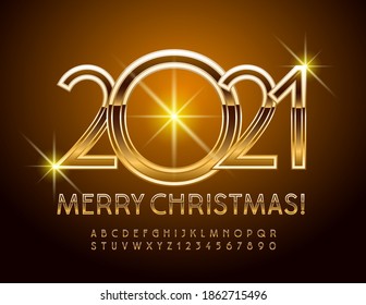 Vector stylish greeting card Merry Christmas 2021! Gold elite Font. Elegant Alphabet Letters and Numbers set