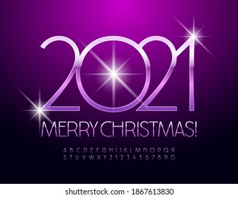 Vector stylish greeting card Merry Christmas 2021! Glossy Elegant Font. Metallic Purple Alphabet Letters and Numbers set