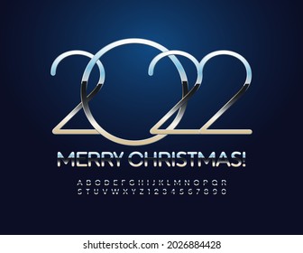 Vector stylish Greeting Card Merry Christmas 2022! Elegant Silver Font. Artistic Alphabet Letters and Numbers set
