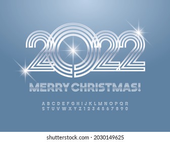 Vector stylish Greeting Card Merry Christmas 2022! Silver maze Font. Shiny abstract Alphabet Letters and Numbers set