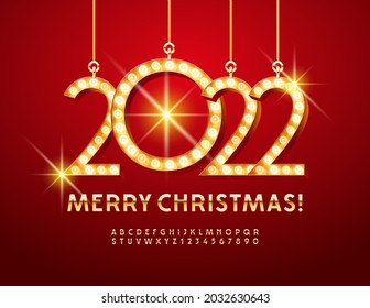 Vector stylish Greeting Card Merry Christmas 2022! trendy Golden Font. Luxury Alphabet Letters and Numbers
