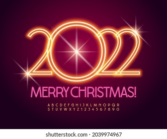 Vector stylish Greeting Card Merry Christmas 2022! Bright Neon Font. Illuminated Led Alphabet Letters and Numbers set