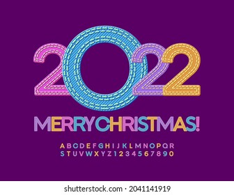 Vector stylish Greeting Card Merry Christmas 2022! Denim colorful Alphabet Letters and Numbers set. Jeans stitched Font