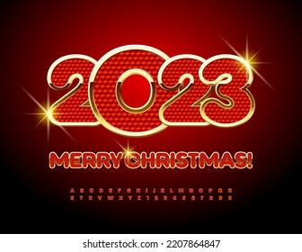 Vector stylish Greeting Card Merry Christmas 2023! Chic Artistic Font. Red and Gold luxury Alphabet Letters and Numbers