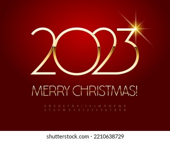 Vector stylish Greeting Card Merry Christmas 2023! Elegant set of Gold Alphabet Letters and Numbers. Slim luxury Font