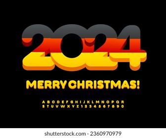 Vector elegante tarjeta de felicitación Feliz Navidad 2024 con bandera alemana.  Fuente luminosa creativa. Se han establecido las letras y números de alfabeto modernos.