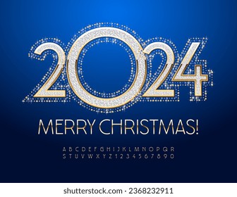 Vector elegante tarjeta de felicitación Feliz Navidad 2024! Fuente mágica de moda. Letras y números de alfabeto reales. 