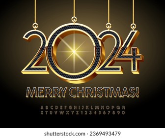 Vector stylish Greeting Card Merry Christmas with decorative toys 2024! Chic Beautiful Font. Black and Golden Alphabet Letters and Numbers set