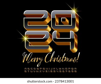 Vector stylish Greeting Card Merry Christmas 2024! Unique 3D Font. Luxury Alphabet Letters, Numbers and Symbols