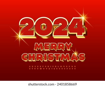 Vector stylish Greeting Card Merry Christmas 2024! Premium 3D Font. Red and Gold Exclusive Alphabet Letters and Numbers set.