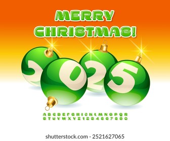 Vector con estilo Tarjeta de Felicitación Feliz Navidades 2025 con Green Ball Toys! Fuente brillante moderna. Conjunto de letras y números del alfabeto artístico