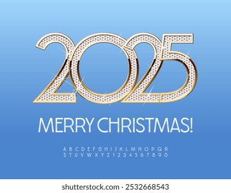 Vektor stylische Grußkarte Frohe Weihnachten 2025! Elite Weiß und Golden Font. Alphabet Buchstaben und Zahlen Satz im Luxusstil.