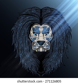 Vector stylish hand drawn lion decorated with vintage ornament shined in a blue moon light