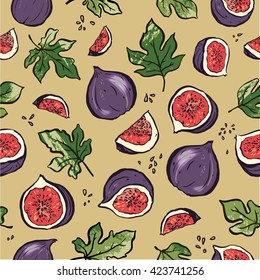 Vector stylish hand drawn seamless pattern with figs and leaves. Seamless pattern can be used for wallpapers, textiles, fabrics, surface designs. Colorful version.