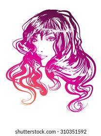 Vector stylish  hand-drawn graphic portrait with a beautiful girl  for your design. Fashion, style, beauty . Graphic, sketch drawing. Sexy woman
