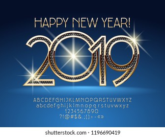 Vector stylish Happy New Year 2019 Greeting Card with Alphabet set of Letters, Symbols and Numbers. Elegant Slim Chrome Font.