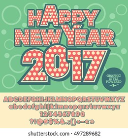 Vector stylish Happy New Year 2017 greeting card with set of letters, symbols and numbers. File contains graphic styles