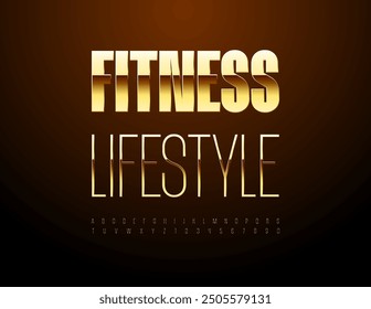 Vector stylish icon Fitness Lifestyle. Elegant Gold Font. Glossy Slim Alphabet Letters and Numbers set.