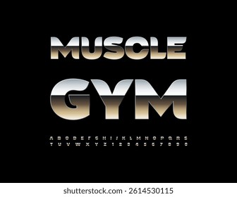 Vector Stylish icon Muscle Gym. Elegant Metallic Font. Elite Silver Alphabet Letters and Numbers set.