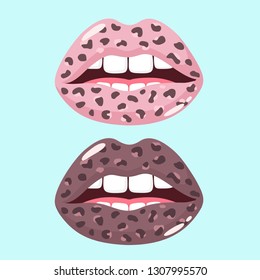 Vector stylish icon set of female sexy lips. Lips are textured under the leopard. Illustration of lips in a kiss in flat minimalism style.