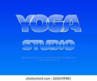 Vector Stylish icon Yoga Studio. Fashion Crystal style Glass Font. Modern Glossy Alphabet Letters and Numbers set.