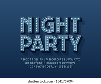 Vector stylish illuminated banner Night Party with trendy lamp Alphabet Letters. Glowing Font for Event Flyers, Cards, Posters