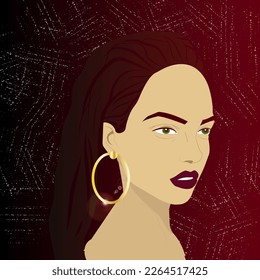 Vector stylish illustration art portrait of a young beautiful sexy girl with dark hair in gold earrings on her ears on a dark burgundy grunge background