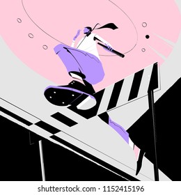 Vector stylish illustration of a businessman with black hair in suit and tie, jumping over the barrier with abaton in his hand. Business, office, work.