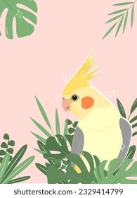 Vector stylish illustration of a cockatiel parrot with monstera leaves on a pink background for the design of holiday and thematic cards, prints on clothes, feed, pet stores